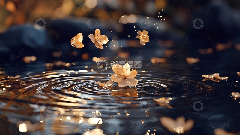 高清大图下载【趣麦麦图】花瓣落入水中激起涟漪