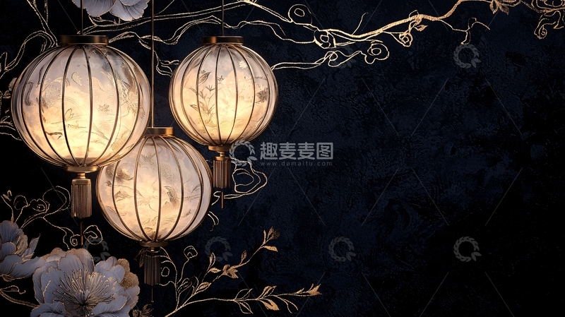 高清大图下载【趣麦麦图】古典灯笼与花卉装饰背景