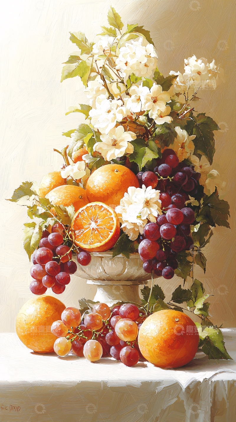 高清大图下载【趣麦麦图】橙子葡萄与白花静物画