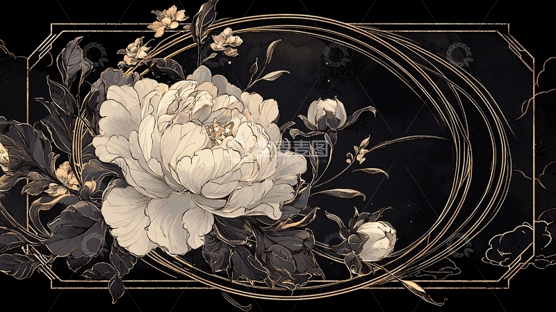 高清大图下载【趣麦麦图】黑色背景上的金色花卉插画