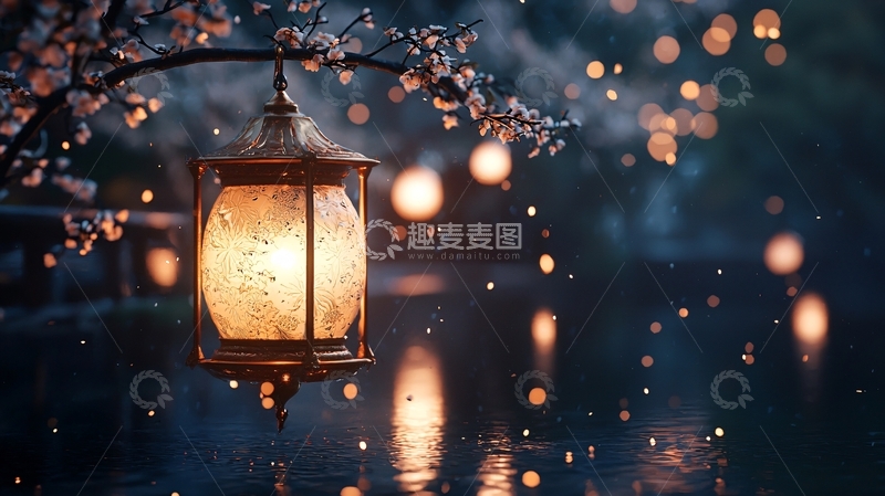 高清大图下载【趣麦麦图】夜色中悬挂的灯笼与樱花