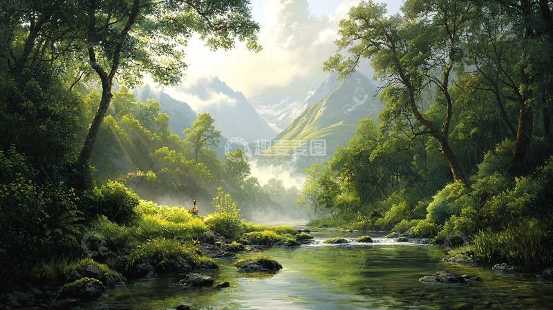 高清大图下载【趣麦麦图】山间溪流与绿树自然风光