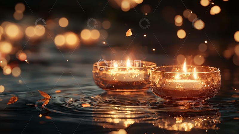 高清大图下载【趣麦麦图】秋夜烛光水中映照
