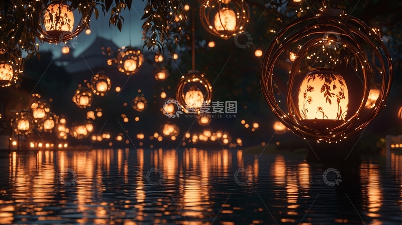 高清大图下载【趣麦麦图】夜晚河畔悬挂灯笼的场景