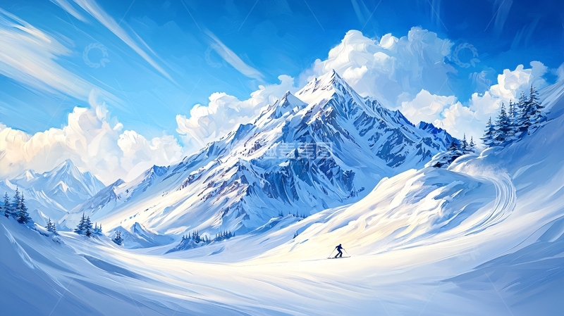 高清大图下载【趣麦麦图】雪山滑雪风景画