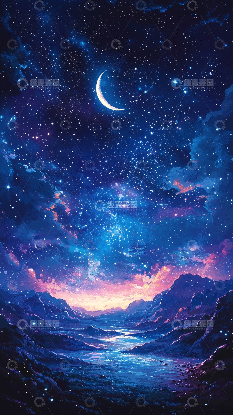 高清大图下载【趣麦麦图】梦幻星空下的山谷夜景