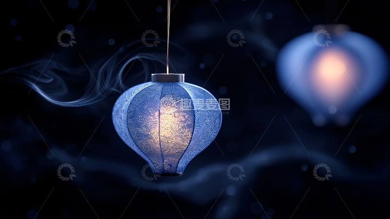 高清大图下载【趣麦麦图】蓝色灯笼与烟雾的艺术效果