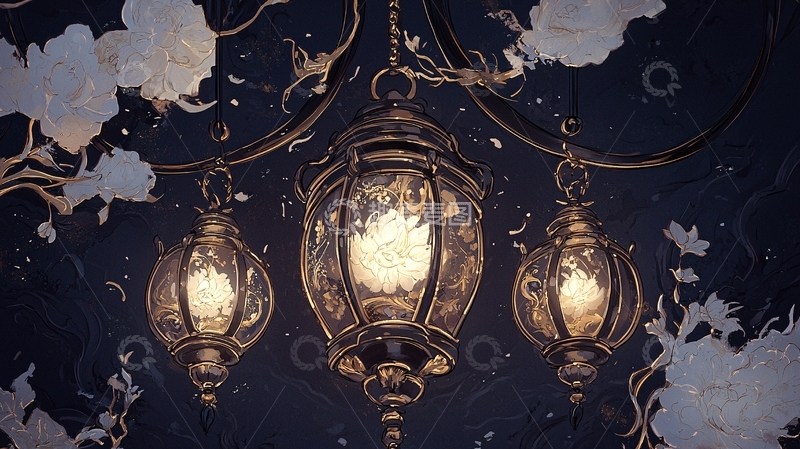 高清大图下载【趣麦麦图】古典灯笼装饰天花板背景图