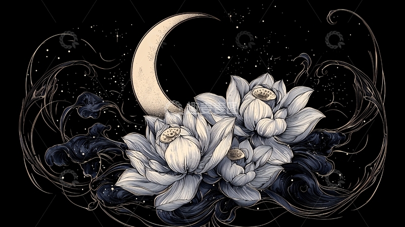 高清大图下载【趣麦麦图】月光下的莲花艺术插画