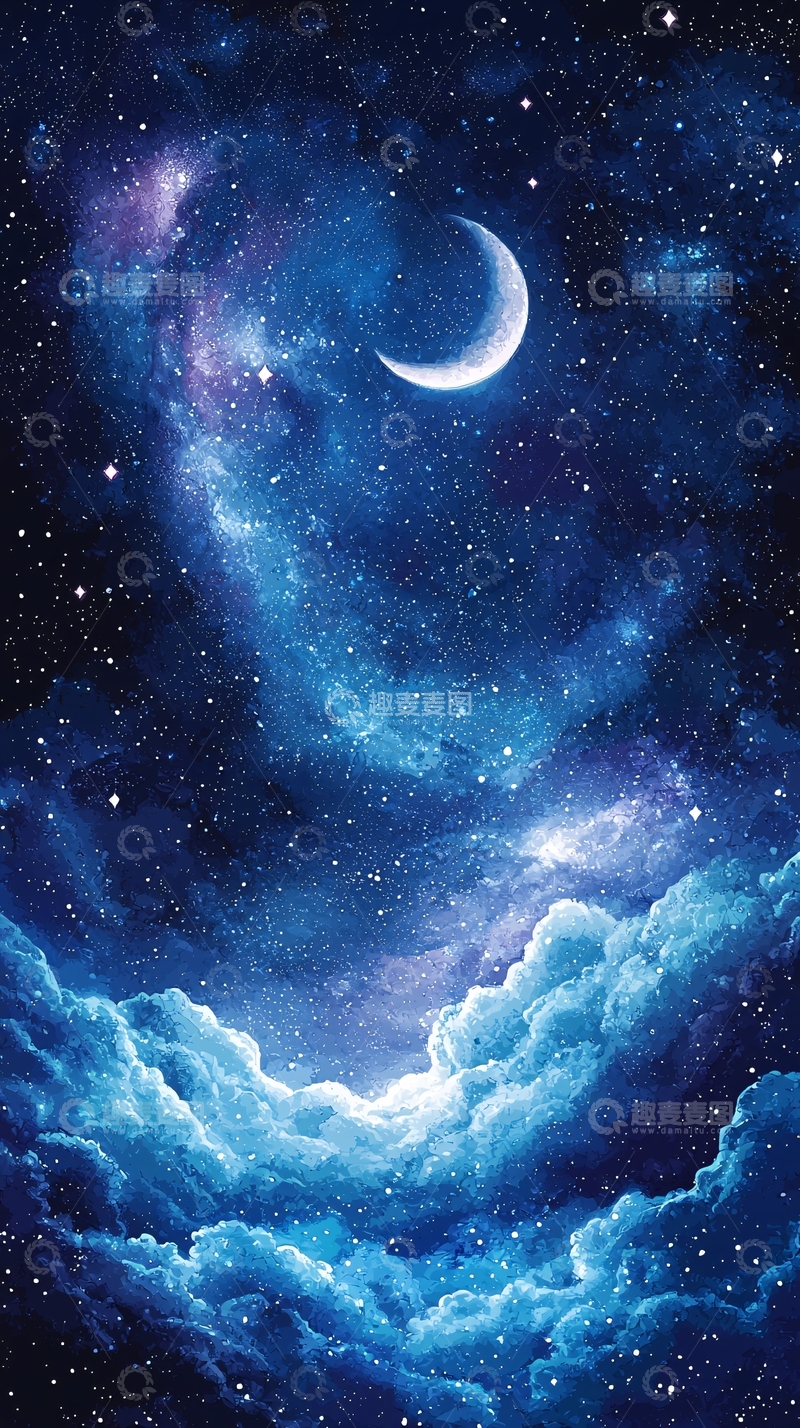 高清大图下载【趣麦麦图】梦幻夜空下的弯月与星云
