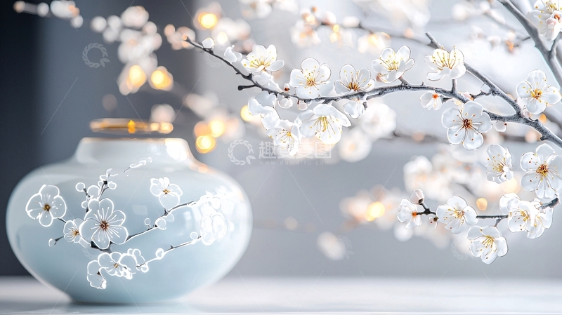高清大图下载【趣麦麦图】白色樱花与青瓷花瓶
