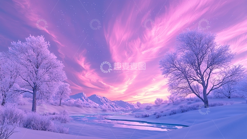高清大图下载【趣麦麦图】梦幻雪景下的粉紫色天空