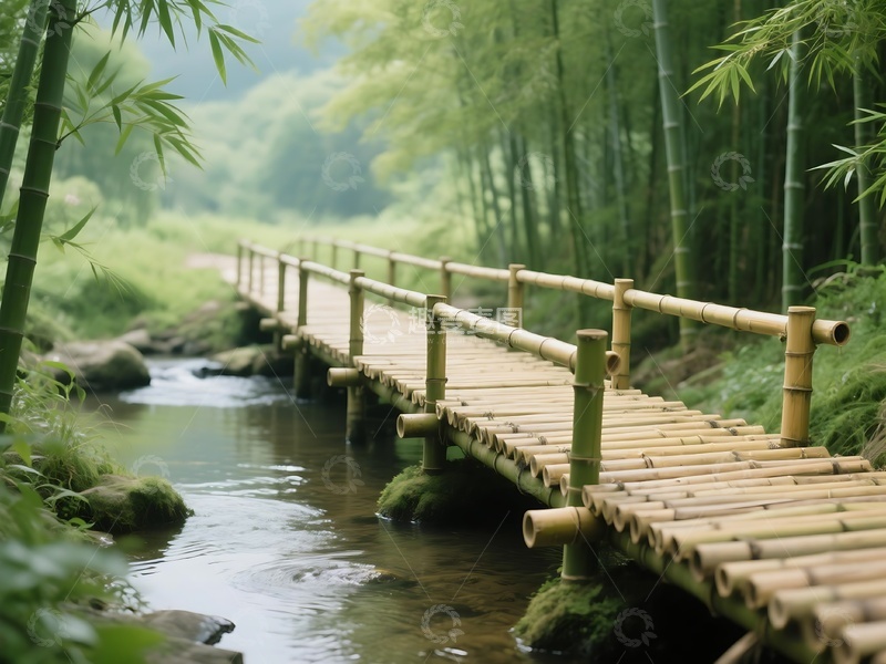 高清大图下载【趣麦麦图】竹林间的古朴木桥风光1