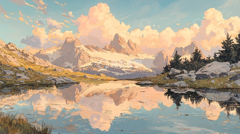 高清大图下载【趣麦麦图】雪山倒影宁静湖面