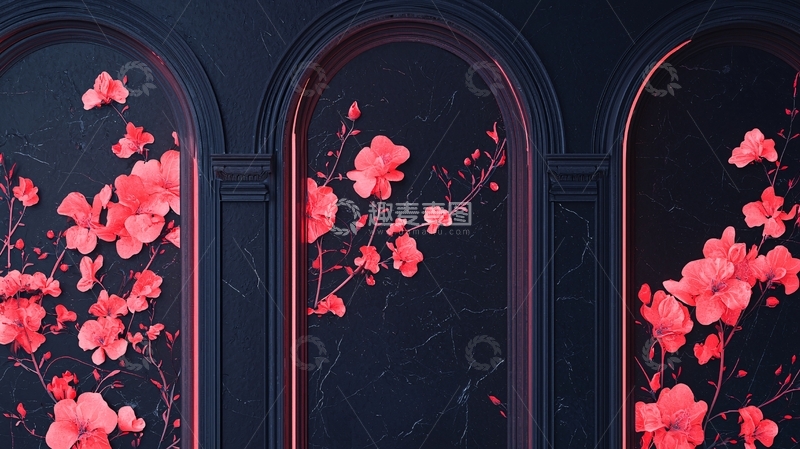 高清大图下载【趣麦麦图】黑色背景红色花卉装饰图案