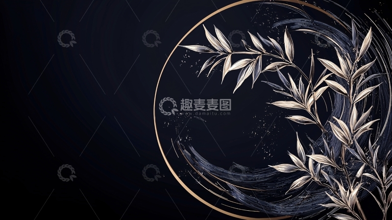 高清大图下载【趣麦麦图】金色枝叶与黑色背景的艺术插画