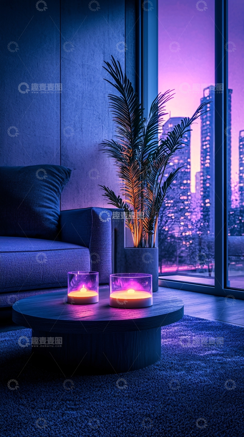 高清大图下载【趣麦麦图】现代客厅夜景与植物装饰