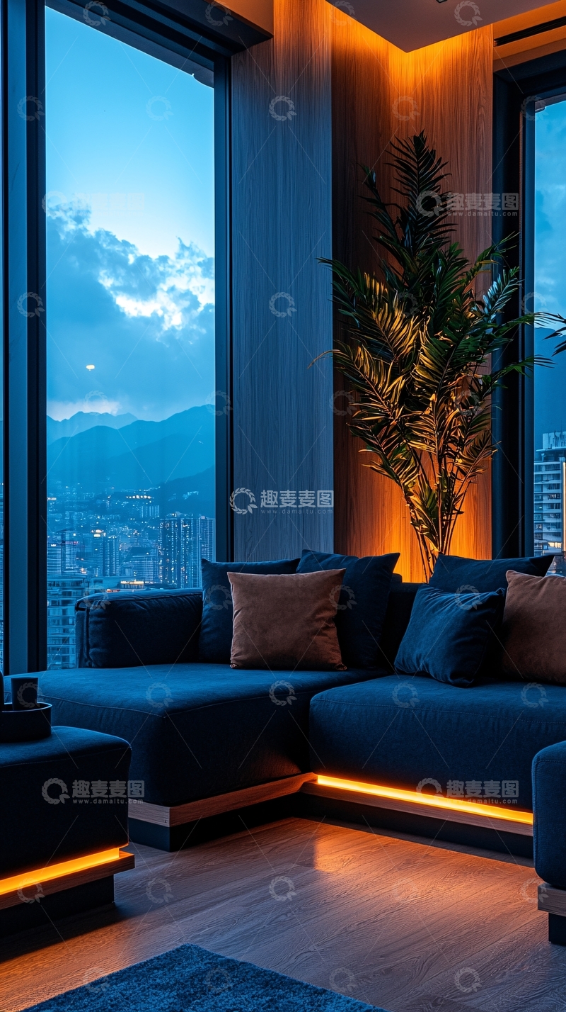 高清大图下载【趣麦麦图】现代客厅夜景沙发植物灯饰
