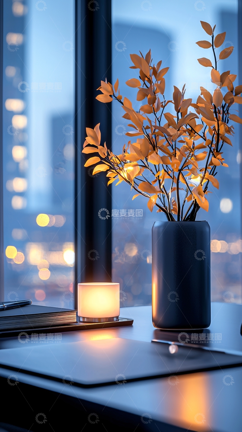 高清大图下载【趣麦麦图】秋日窗边烛光与花瓶