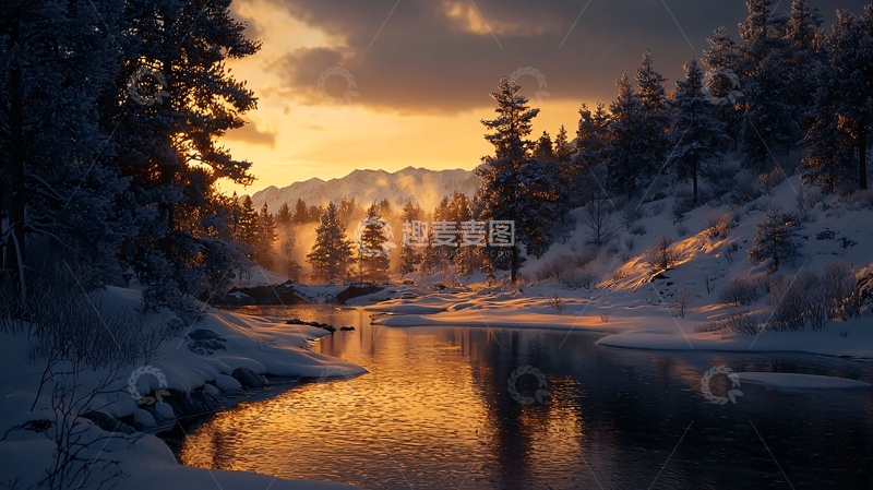 高清大图下载【趣麦麦图】冬日雪山下的静谧河流
