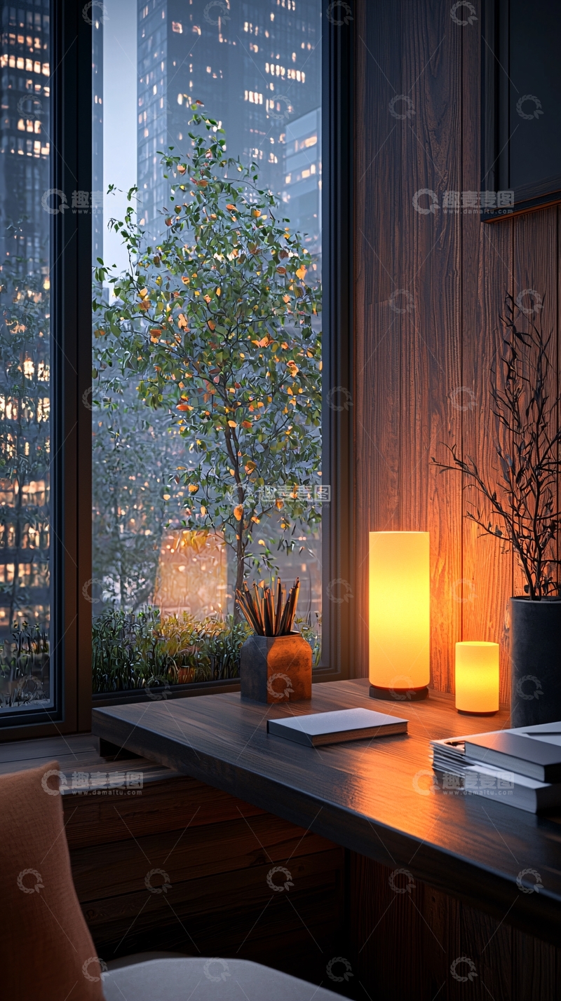 高清大图下载【趣麦麦图】城市夜景窗边温馨阅读角落