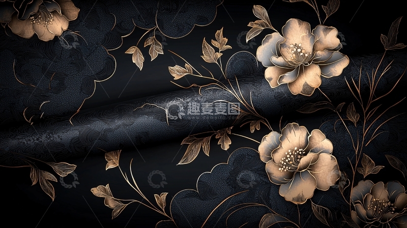 高清大图下载【趣麦麦图】金色花卉黑色背景图案素材
