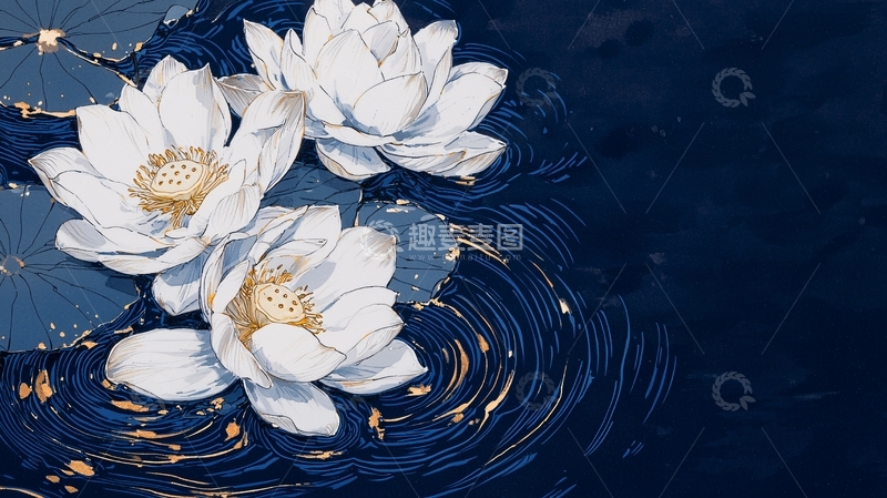 高清大图下载【趣麦麦图】白莲花在深蓝色水中绽放