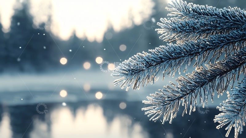 高清大图下载【趣麦麦图】冬日雪景松枝湖面