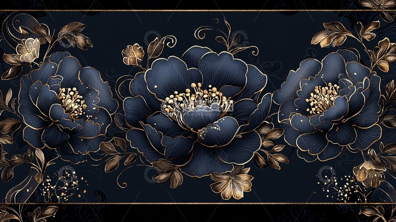 高清大图下载【趣麦麦图】深蓝背景金色花卉图案