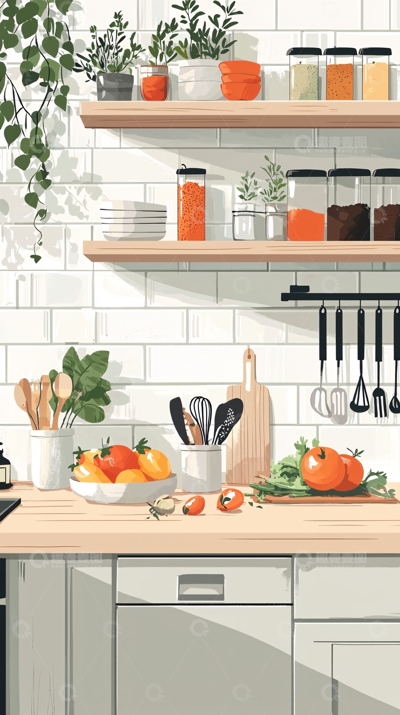 高清大图下载【趣麦麦图】温馨厨房场景插画素材