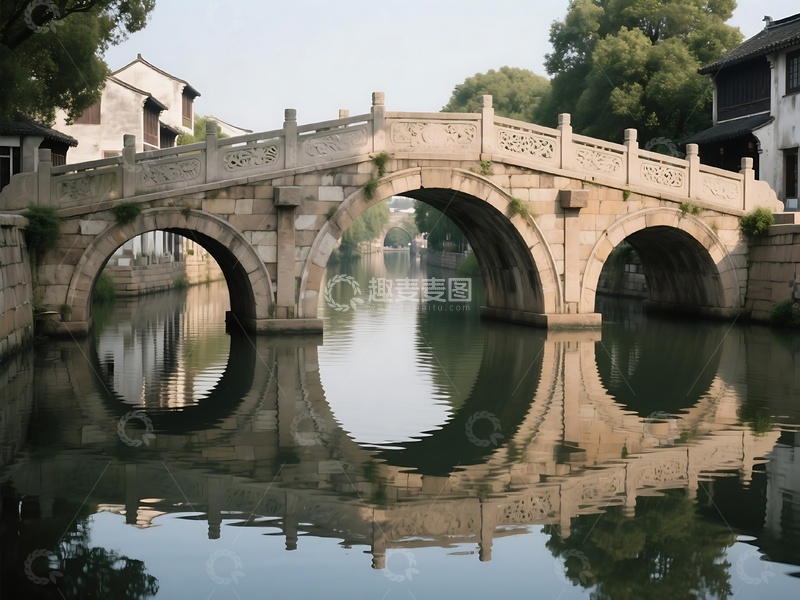 高清大图下载【趣麦麦图】水乡古桥与宁静河道景致1