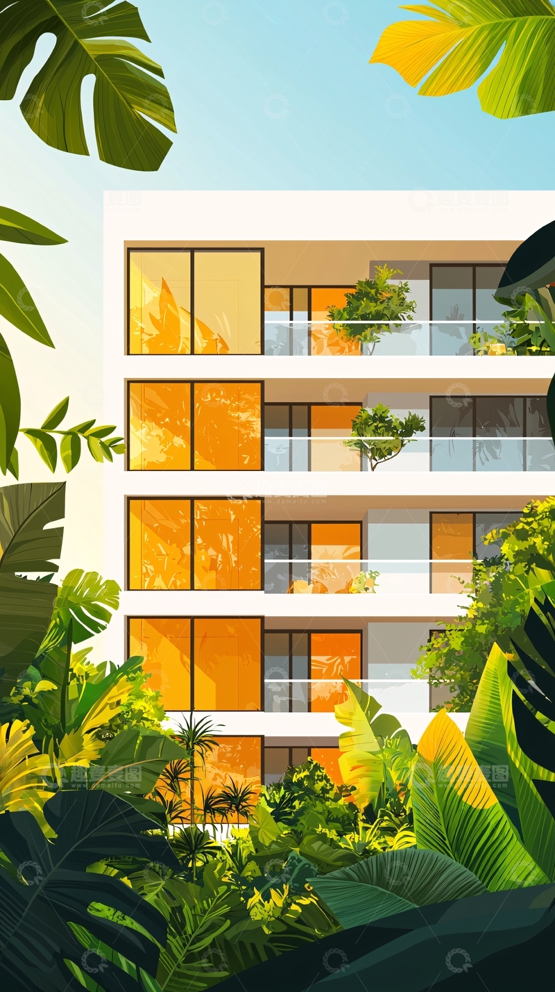 高清大图下载【趣麦麦图】热带风情建筑与绿色植物