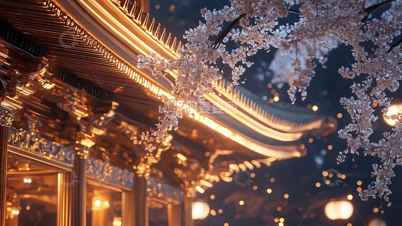 高清大图下载【趣麦麦图】樱花下的古建筑夜景