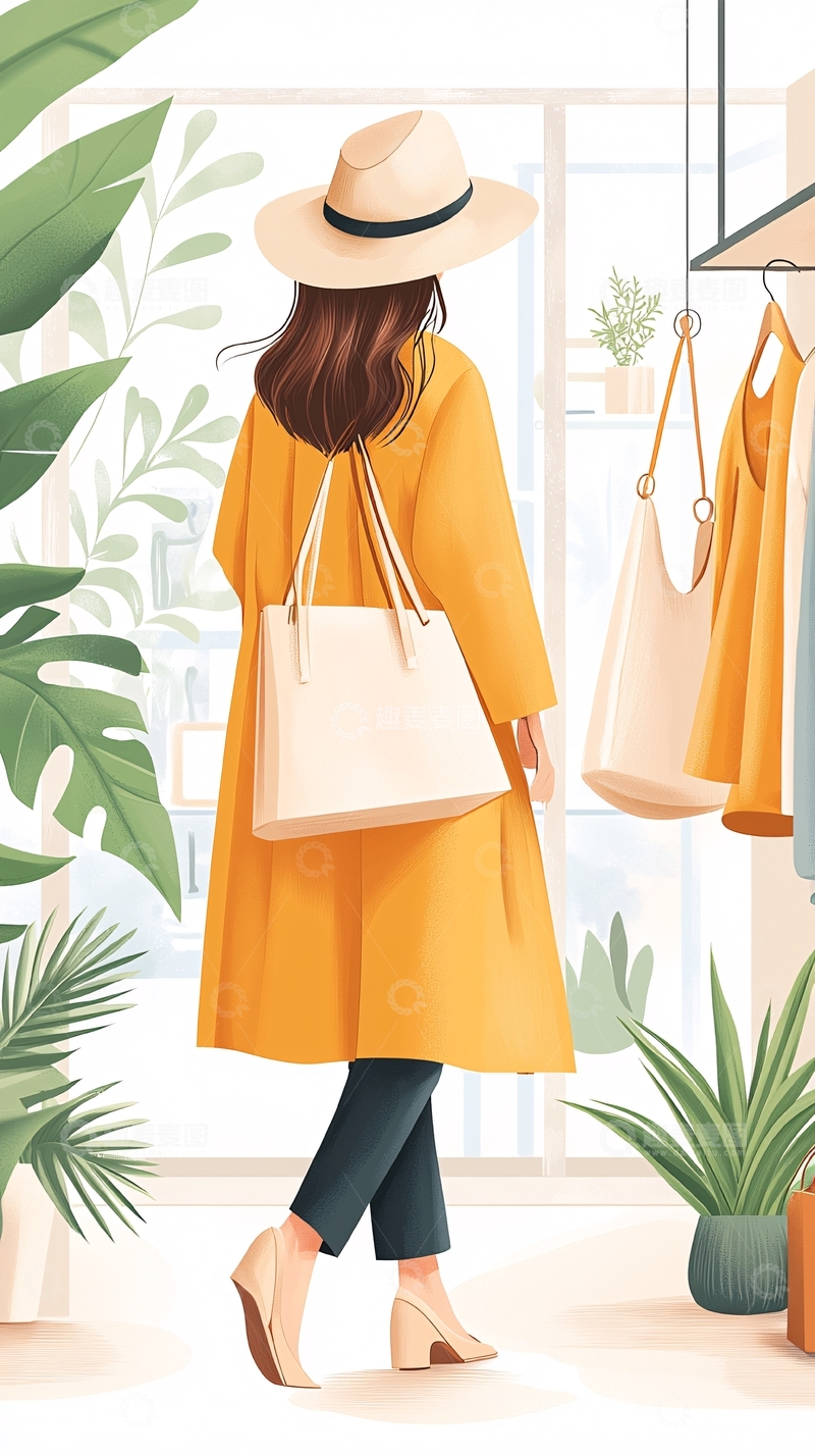 高清大图下载【趣麦麦图】时尚购物女性背影插画