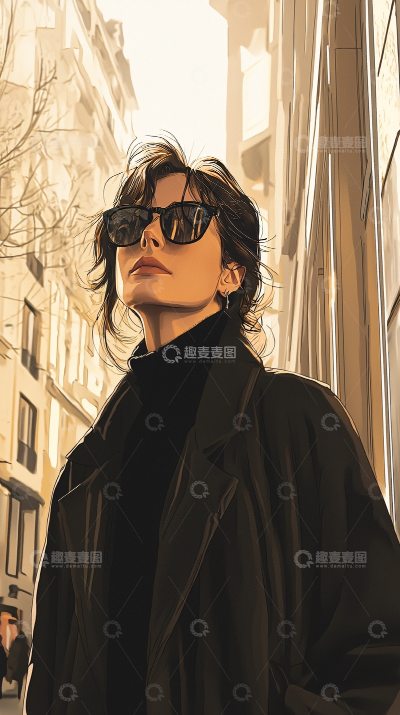 高清大图下载【趣麦麦图】时尚街拍：黑色风衣与墨镜的都市魅力