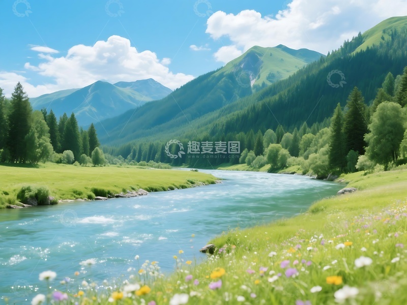 高清大图下载【趣麦麦图】山间河畔与蓝天白云景致2