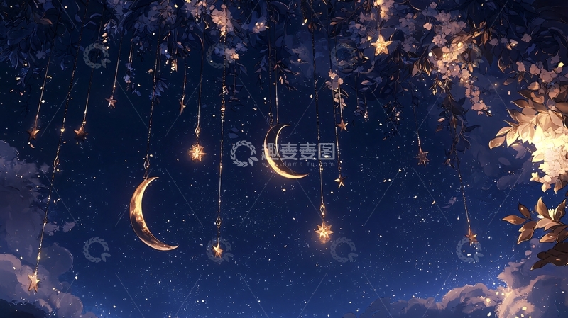 高清大图下载【趣麦麦图】-夜空下的月亮和星星挂饰