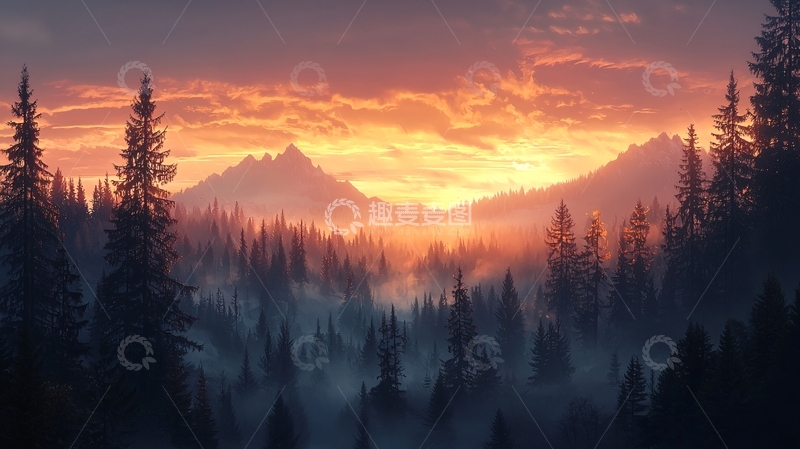 高清大图下载【趣麦麦图】晨雾中的森林与山峰