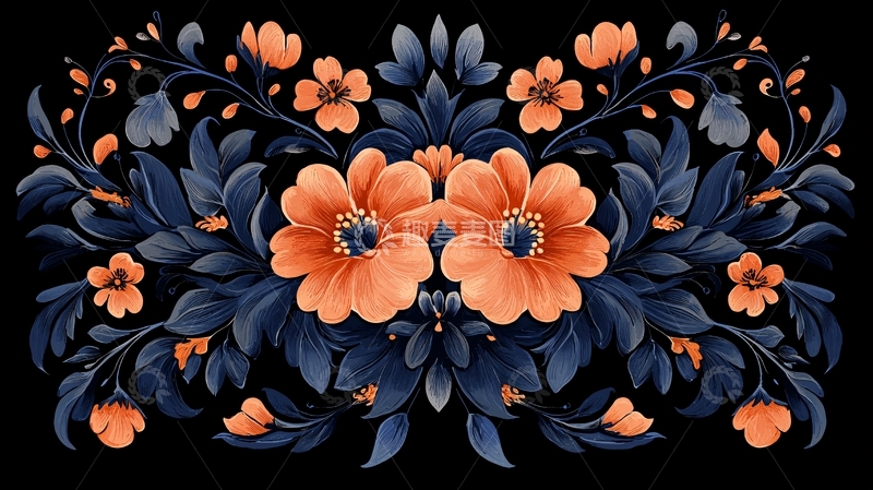 高清大图下载【趣麦麦图】橙色花卉与深蓝叶子图案