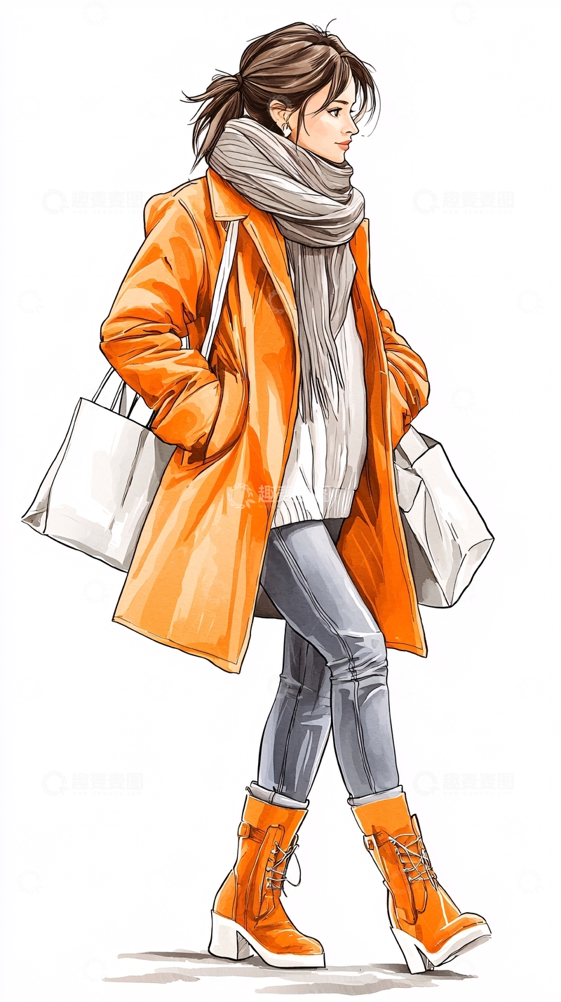 高清大图下载【趣麦麦图】橙色外套搭配时尚穿搭插画