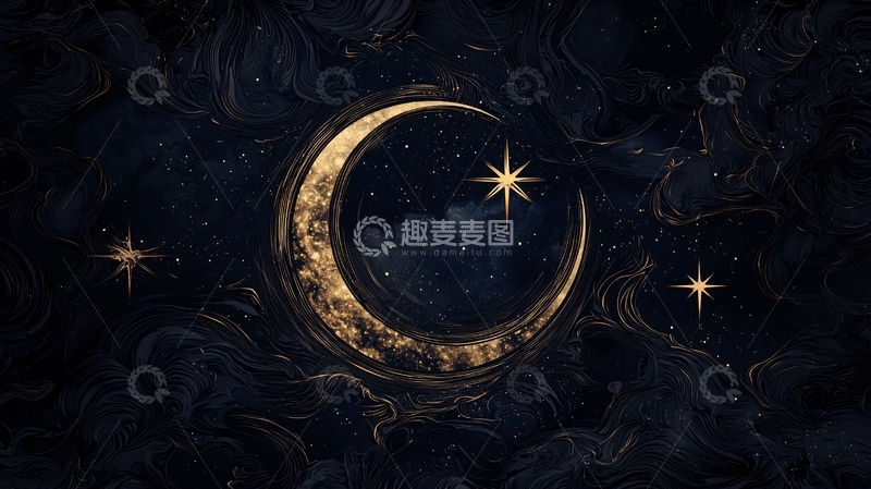 高清大图下载【趣麦麦图】金色星河与新月夜景