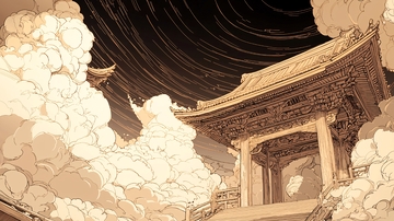 云雾缭绕古建筑夜景