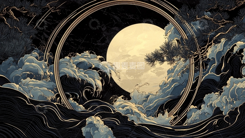 高清大图下载【趣麦麦图】月夜海浪松树艺术插画