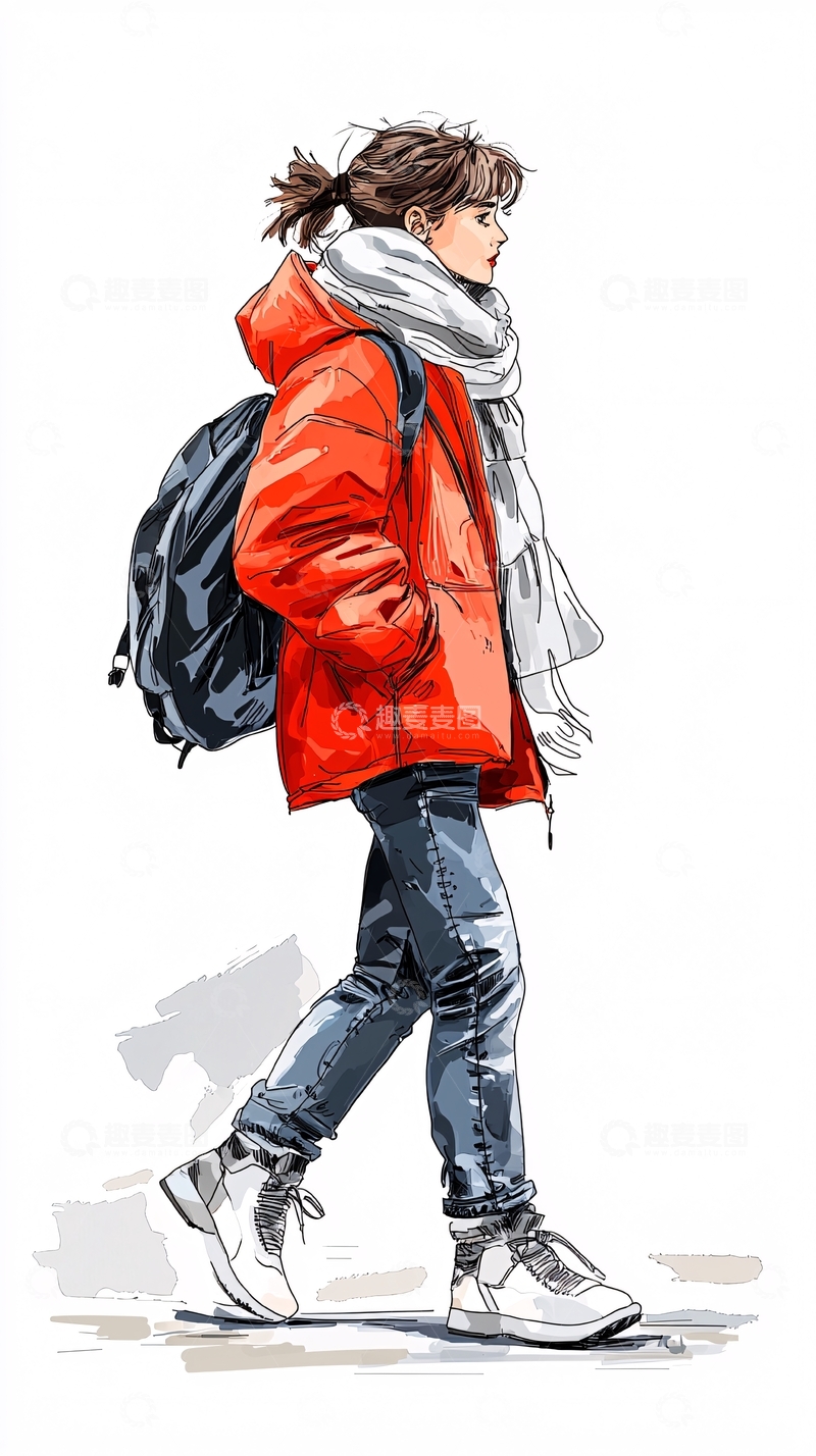 高清大图下载【趣麦麦图】冬季校园女孩手绘插画