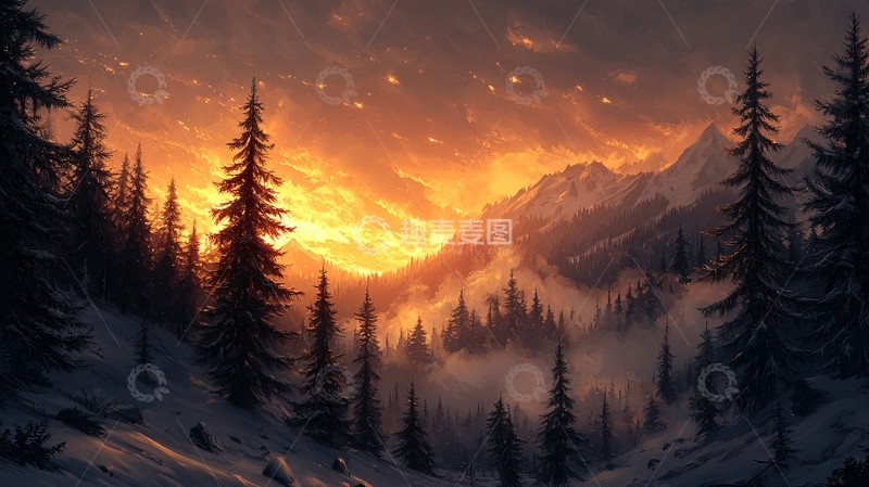 高清大图下载【趣麦麦图】冬日山林夕阳美景