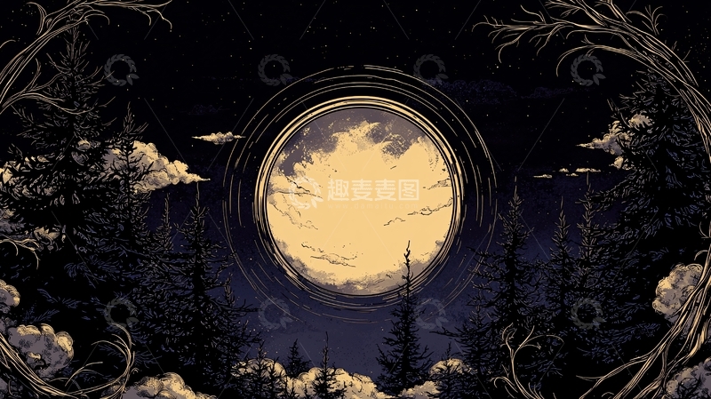 高清大图下载【趣麦麦图】夜空中的月亮与松树