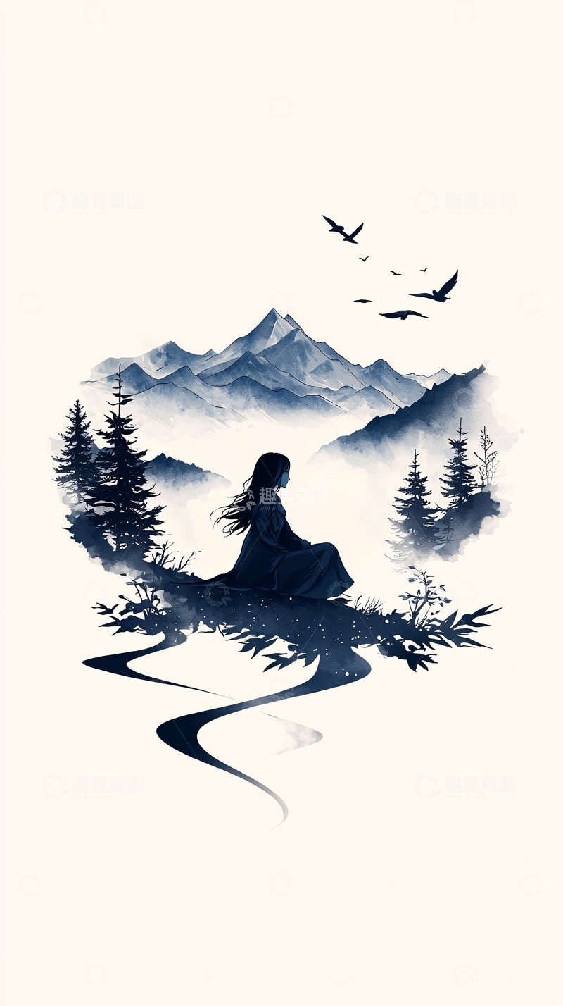 高清大图下载【趣麦麦图】静谧山间独坐的女子
