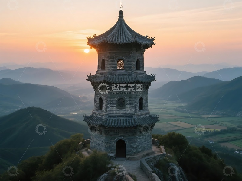 高清大图下载【趣麦麦图】黄昏时山间塔楼与落日景观1