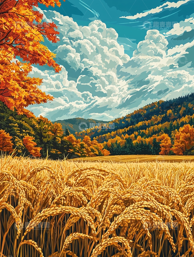 高清大图下载【趣麦麦图】秋日麦田与红叶风景