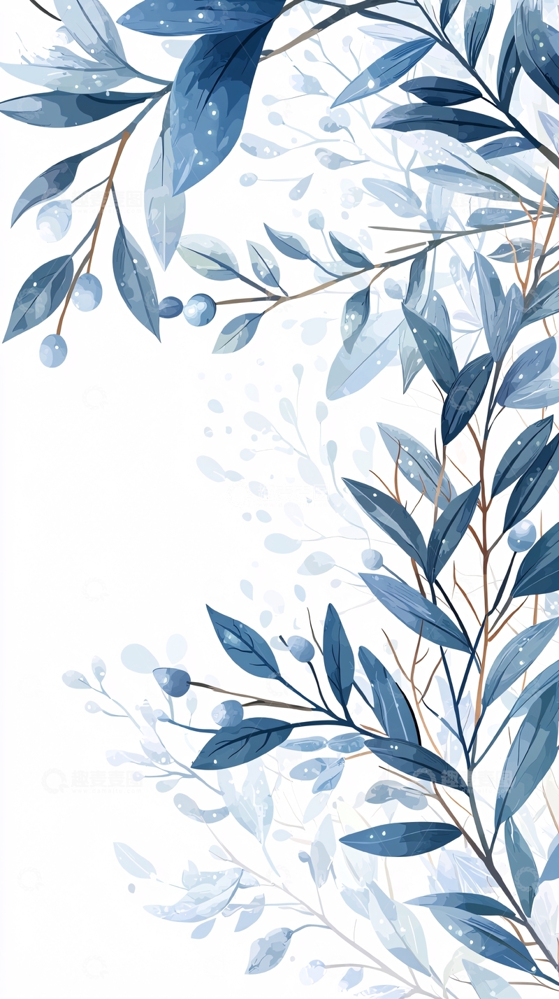 高清大图下载【趣麦麦图】蓝色冬季植物插画背景